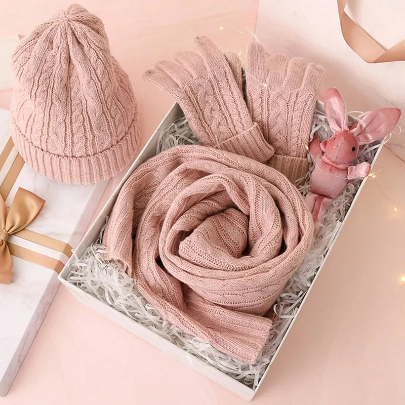 3PC Knitted Hat, Scarf & Glove Set for Women - Winter Warm Wool Twist Cap, Gloves & Scarf Gift Set