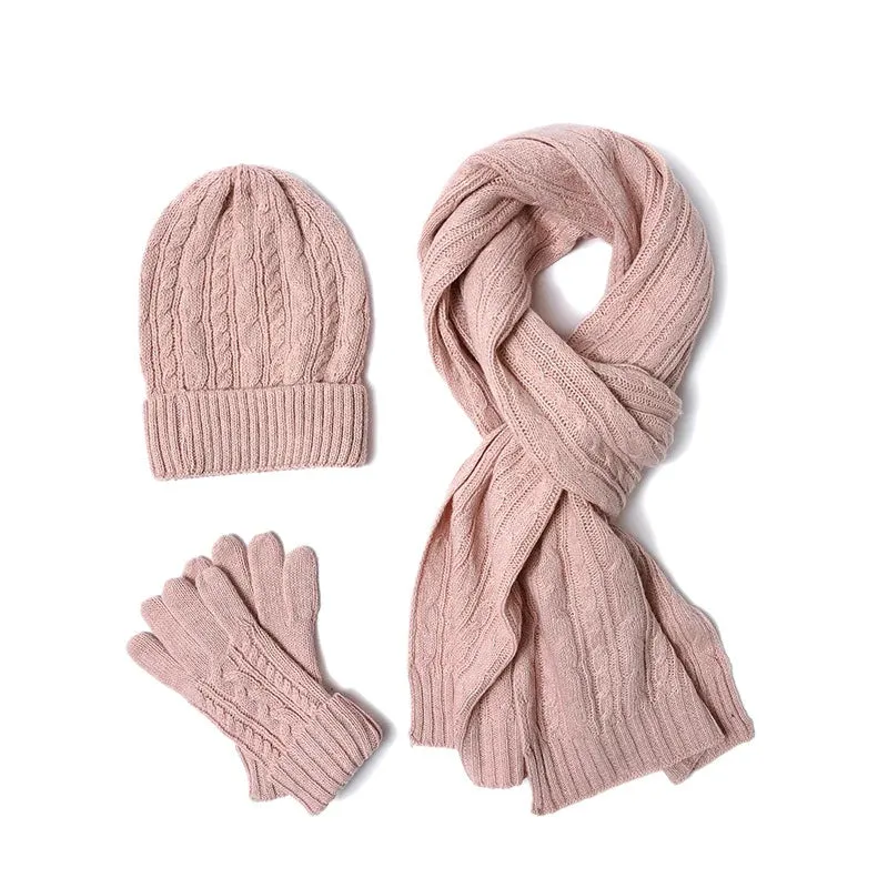 3PC Knitted Hat, Scarf & Glove Set for Women - Winter Warm Wool Twist Cap, Gloves & Scarf Gift Set