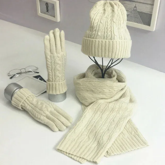 3PC Knitted Hat, Scarf & Glove Set for Women - Winter Warm Wool Twist Cap, Gloves & Scarf Gift Set