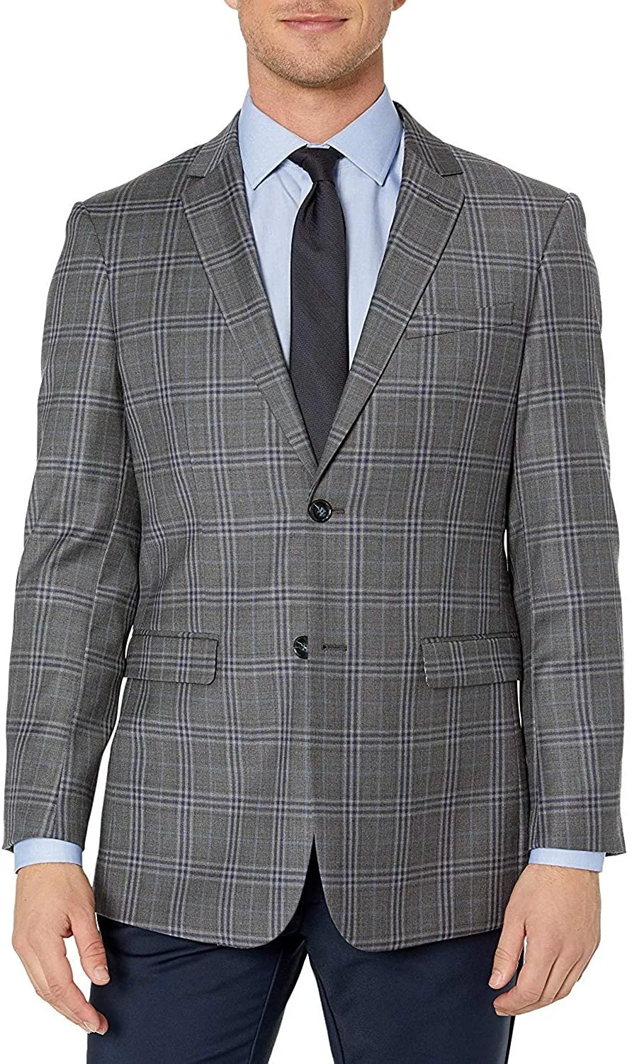 Adam Baker Men's Single Breasted 100% Wool Ultra Slim Fit Blazer/Sport Coat - Grey Plaid