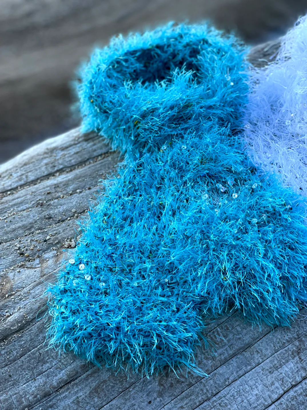 Aquamarine Hand Knitted Scarf for Women, Soft Eyelash Fur