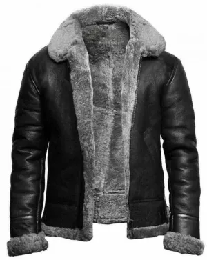 Aviator RAF  Synthetic Shearling Grey Warm Fur Men's Leather Jacket