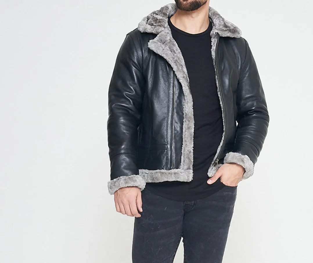 Aviator RAF  Synthetic Shearling Grey Warm Fur Men's Leather Jacket