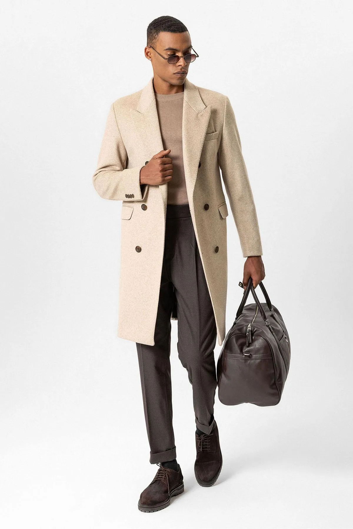 Beige Wool-Blend Double-Breasted Men's Coat - Wessi