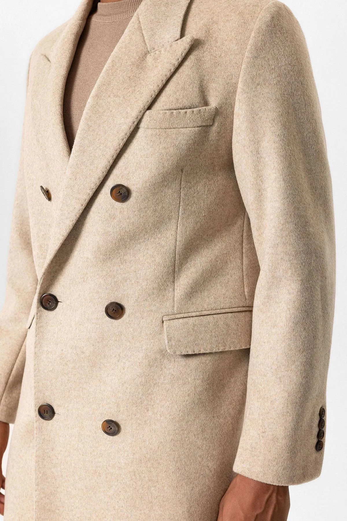 Beige Wool-Blend Double-Breasted Men's Coat - Wessi