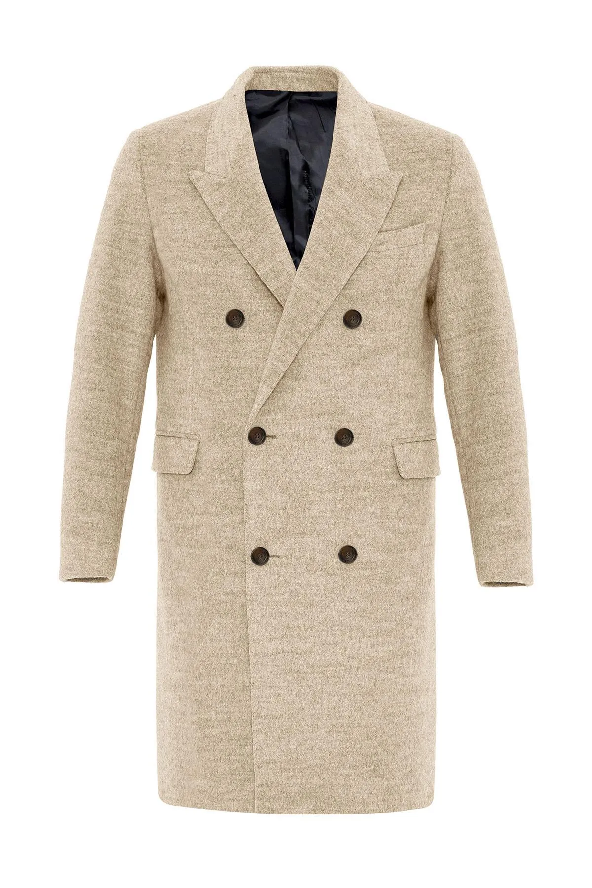 Beige Wool-Blend Double-Breasted Men's Coat - Wessi