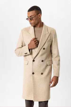 Beige Wool-Blend Double-Breasted Men's Coat - Wessi