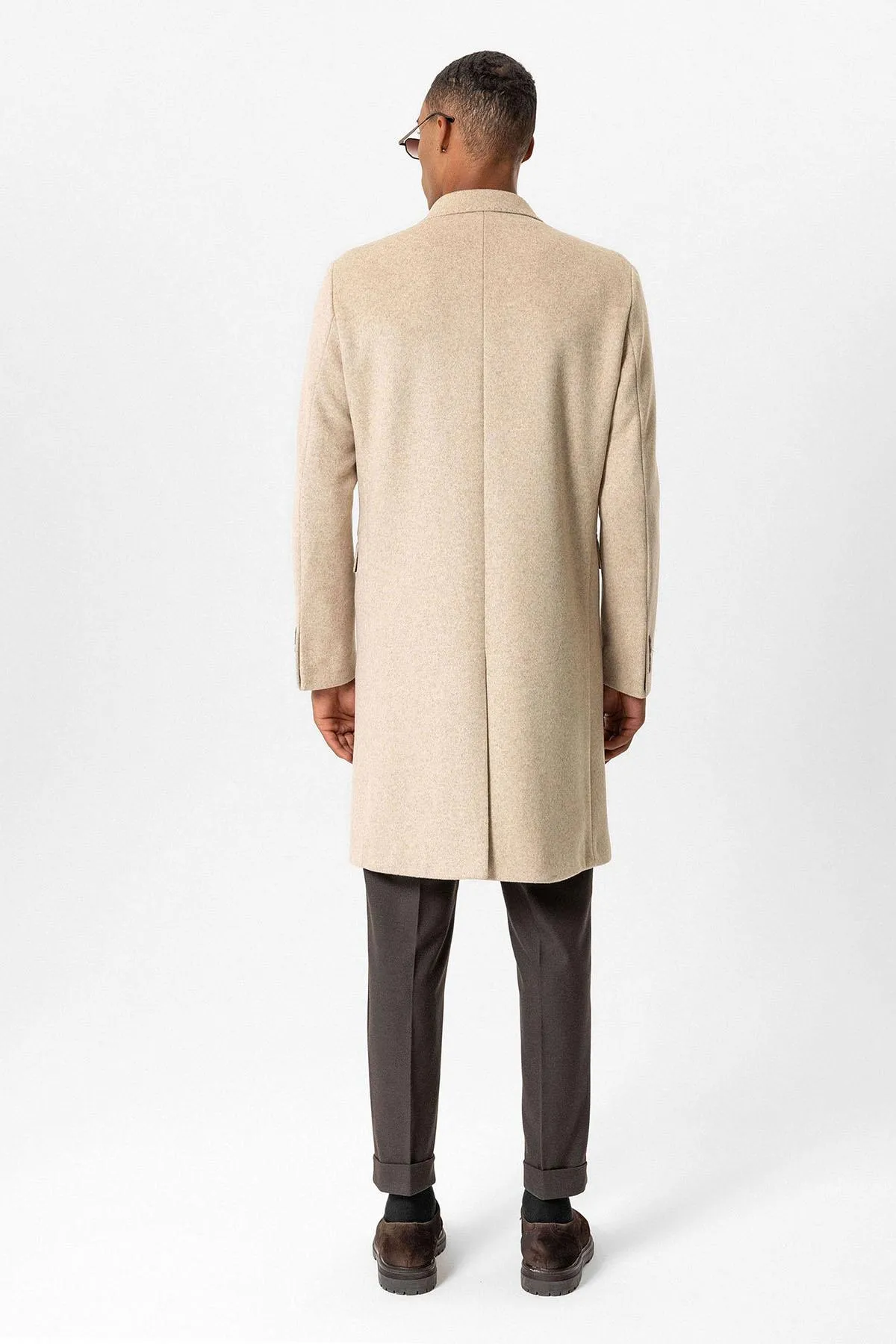 Beige Wool-Blend Double-Breasted Men's Coat - Wessi