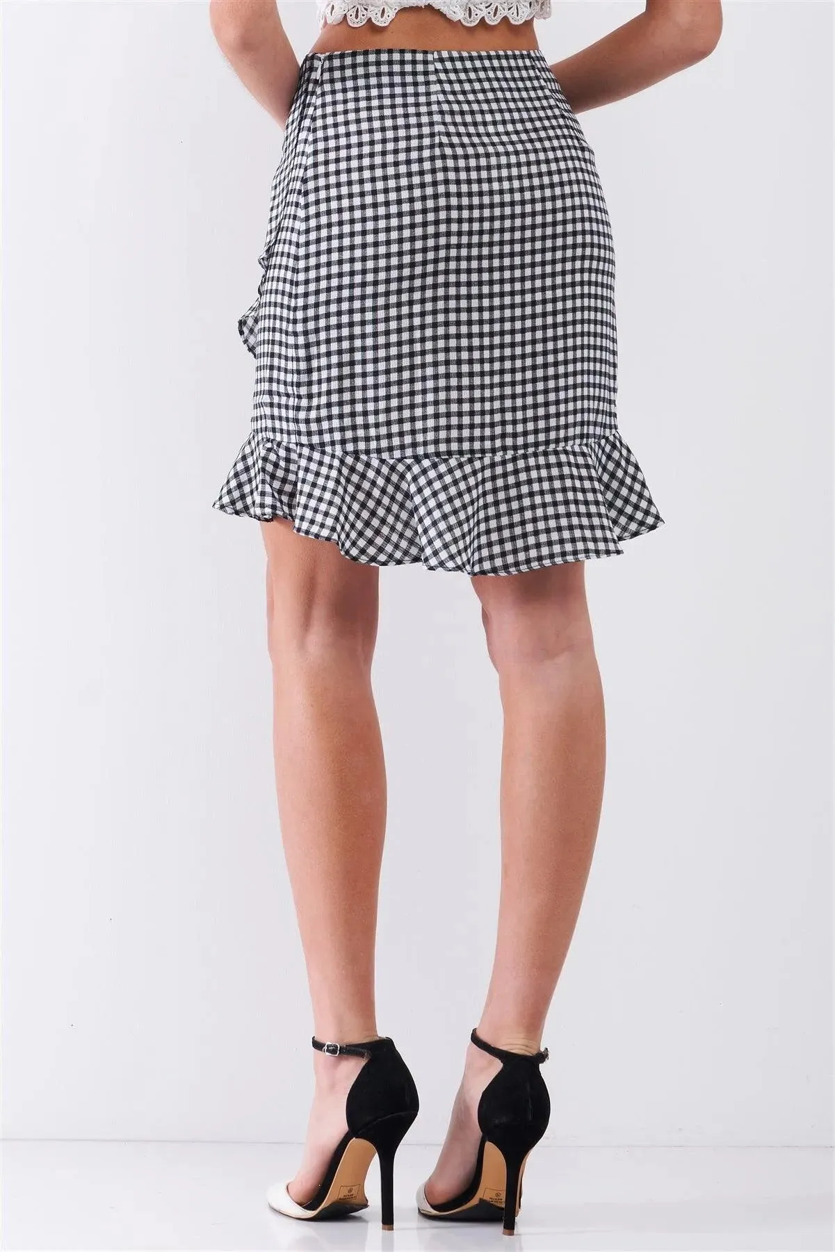 Black & White Checkered High-Waist Ruffle Wrap Front Detail Mini Skirt /2-2-1