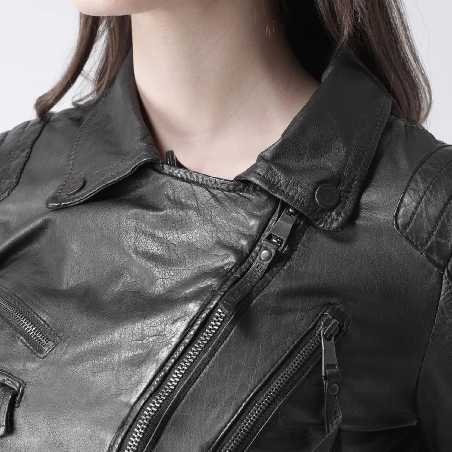 Black Classic Biker Jacket In Buff Aegean Leather For Women Brune & Bareskin