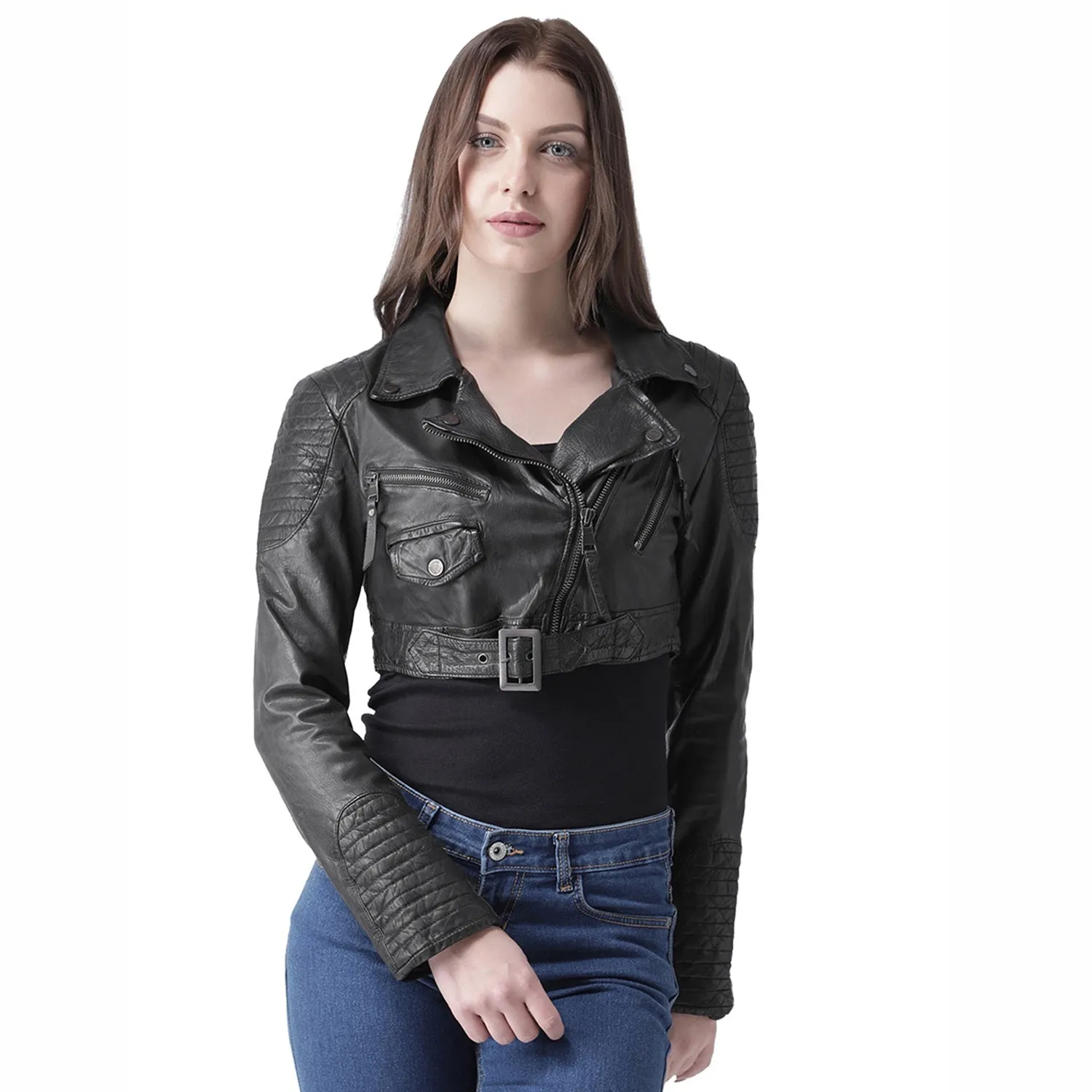 Black Classic Biker Jacket In Buff Aegean Leather For Women Brune & Bareskin