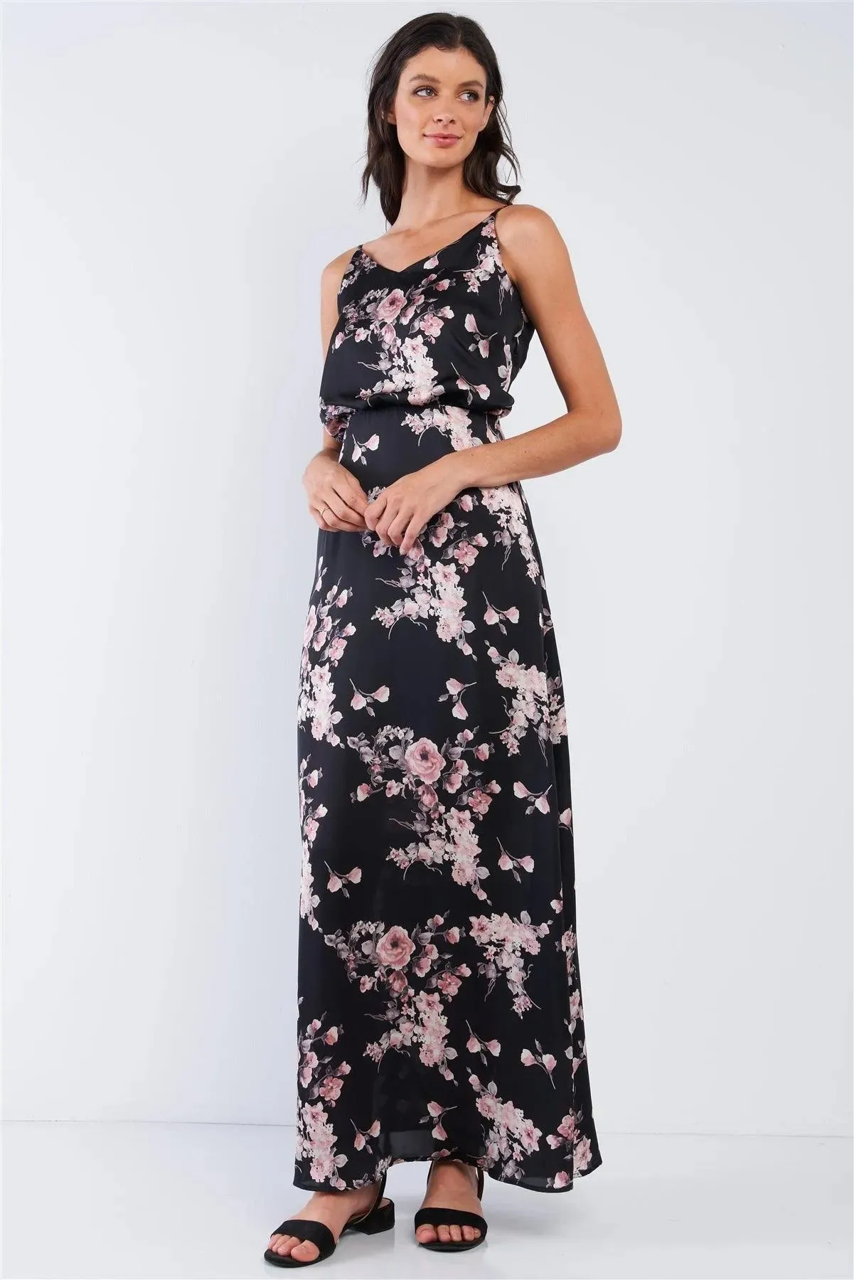 Black Multicolor Satin Floral Print Sleeveless V-Neck Self-Tie Back Detail Tube Maxi Dress /1-2-2-1