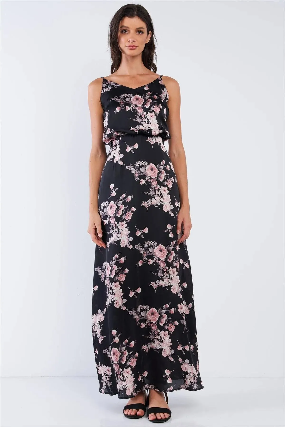 Black Multicolor Satin Floral Print Sleeveless V-Neck Self-Tie Back Detail Tube Maxi Dress /1-2-2-1