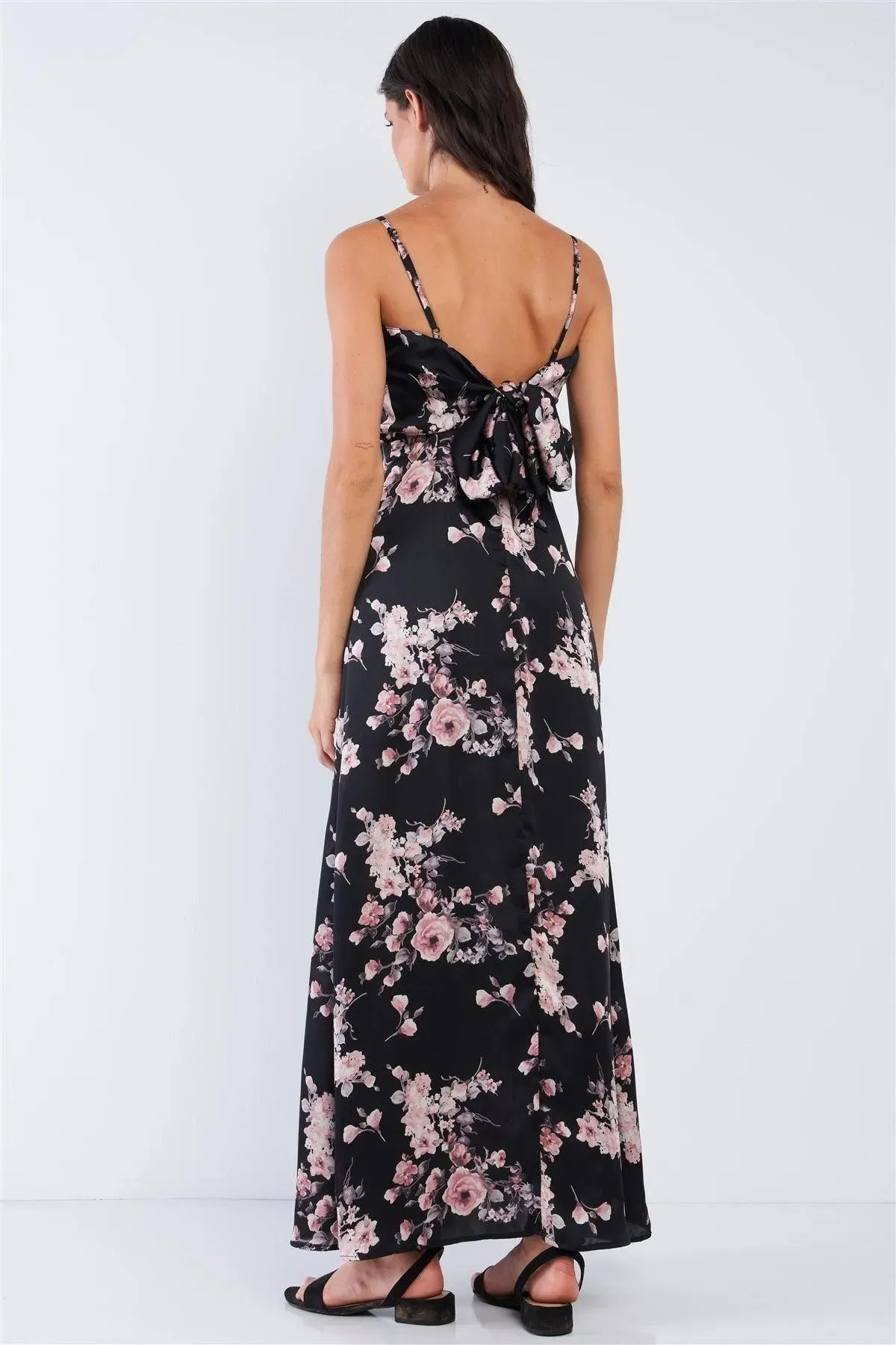 Black Multicolor Satin Floral Print Sleeveless V-Neck Self-Tie Back Detail Tube Maxi Dress /1-2-2-1