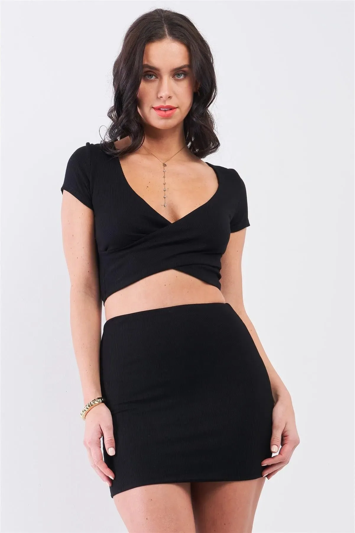 Black Rib Short Sleeve Plunge Neck Wrap Crop Top & High Waisted Fitted Mini Skirt Set /2-2-2