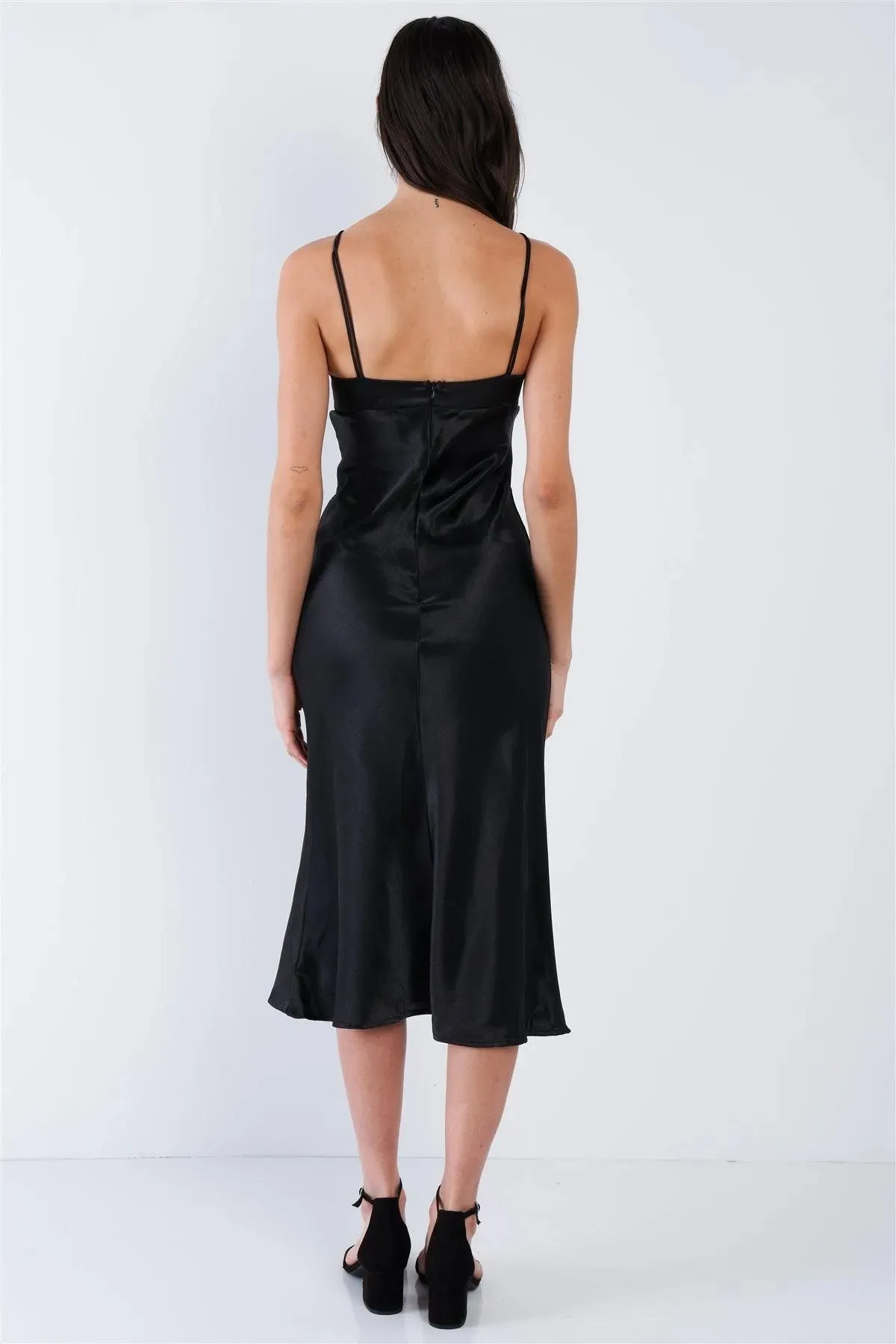 Black Satin Strappy Center Ruffle Keyhole Midi Summer Dress /3-2-1