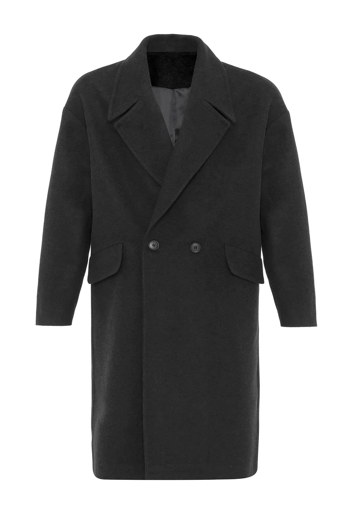 Black Wool-Blend Double-Breasted Men's Coat - Wessi