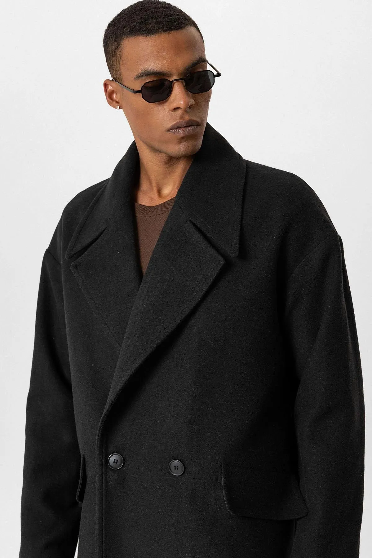 Black Wool-Blend Double-Breasted Men's Coat - Wessi