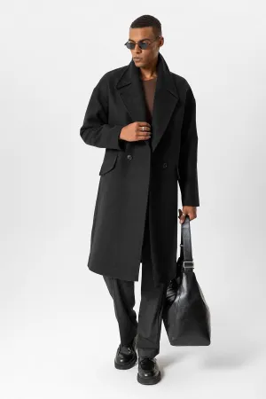 Black Wool-Blend Double-Breasted Men's Coat - Wessi