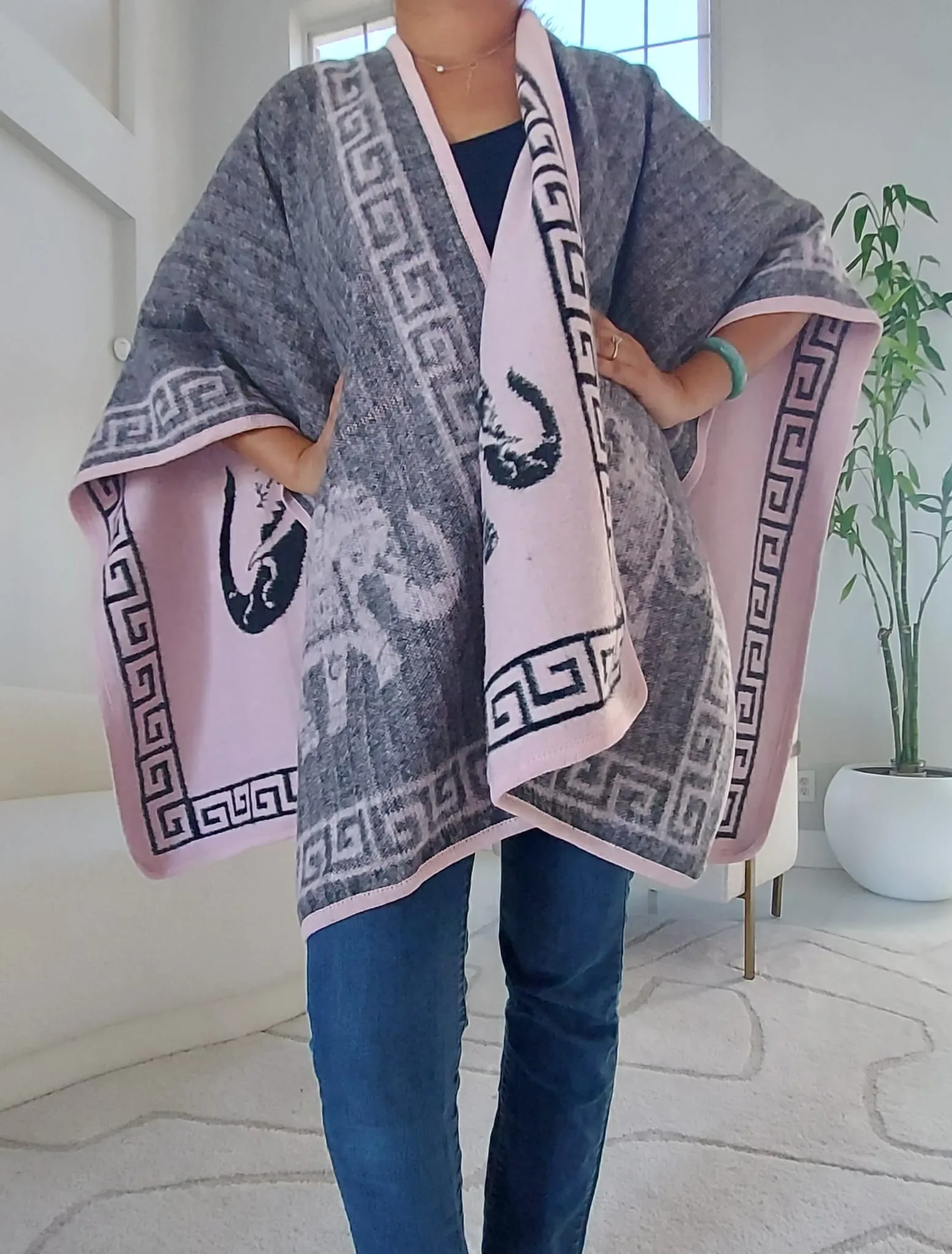 Blanket Shawl/ Poncho Reversible Two Tone Throw- Elephant Print