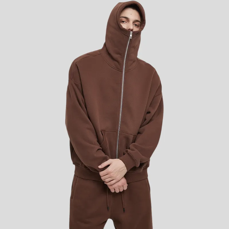 Boxy fit high neck ski mask zip front hoodie