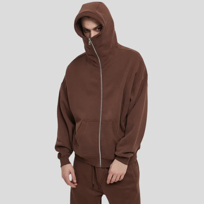 Boxy fit high neck ski mask zip front hoodie