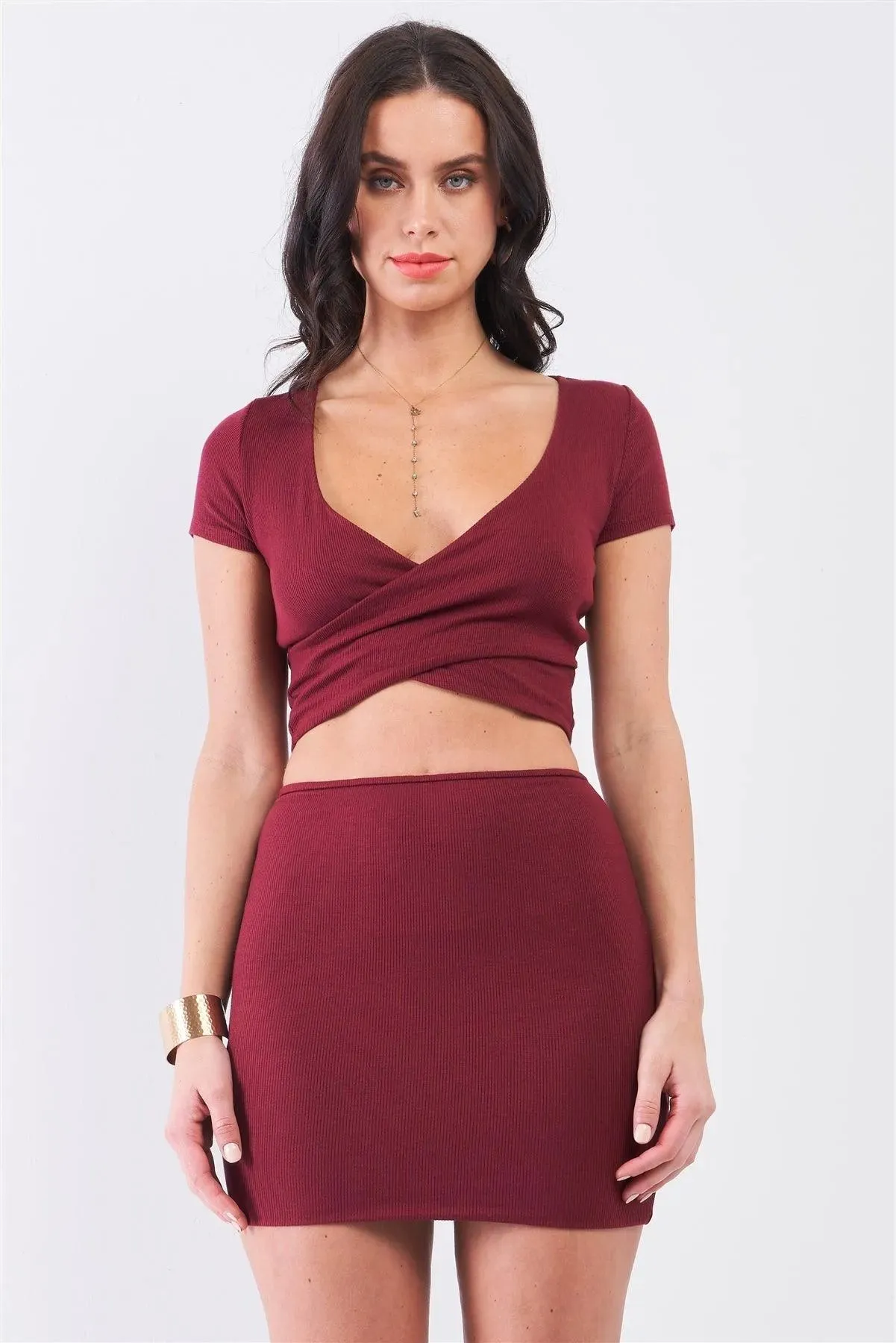 Burgundy Rib Short Sleeve Plunge Neck Wrap Crop Top & High Waisted Fitted Mini Skirt Set /2-2-2