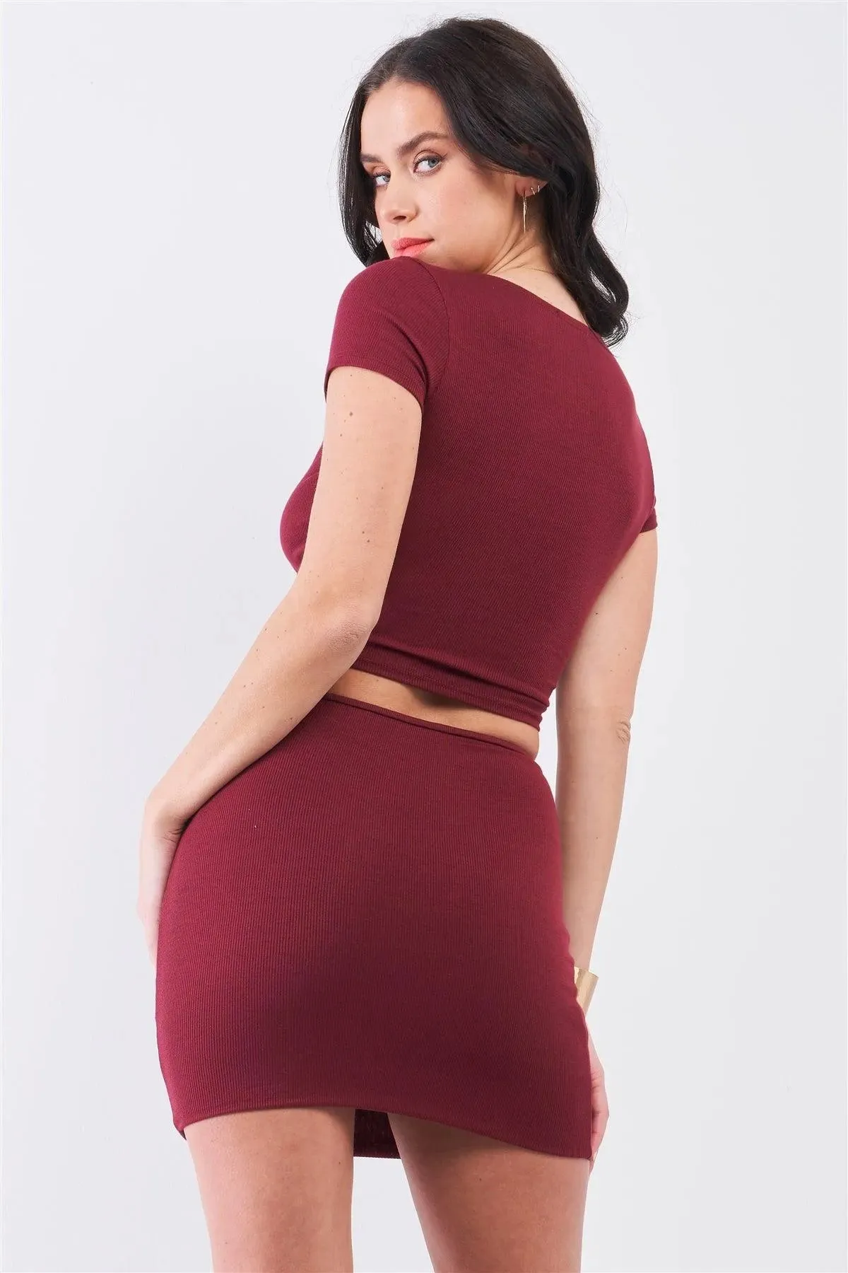 Burgundy Rib Short Sleeve Plunge Neck Wrap Crop Top & High Waisted Fitted Mini Skirt Set /2-2-2