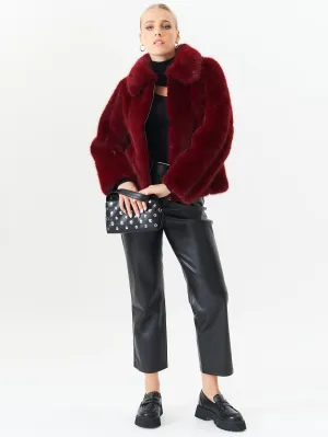 Burgundy Zip Front Faux Fur Short Jacket