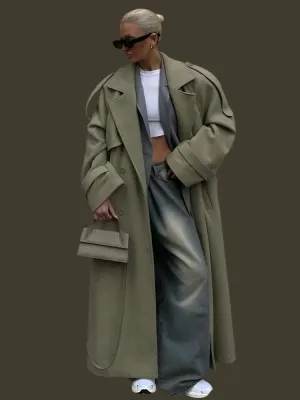 City fashion belted oversized loose wool trench coat