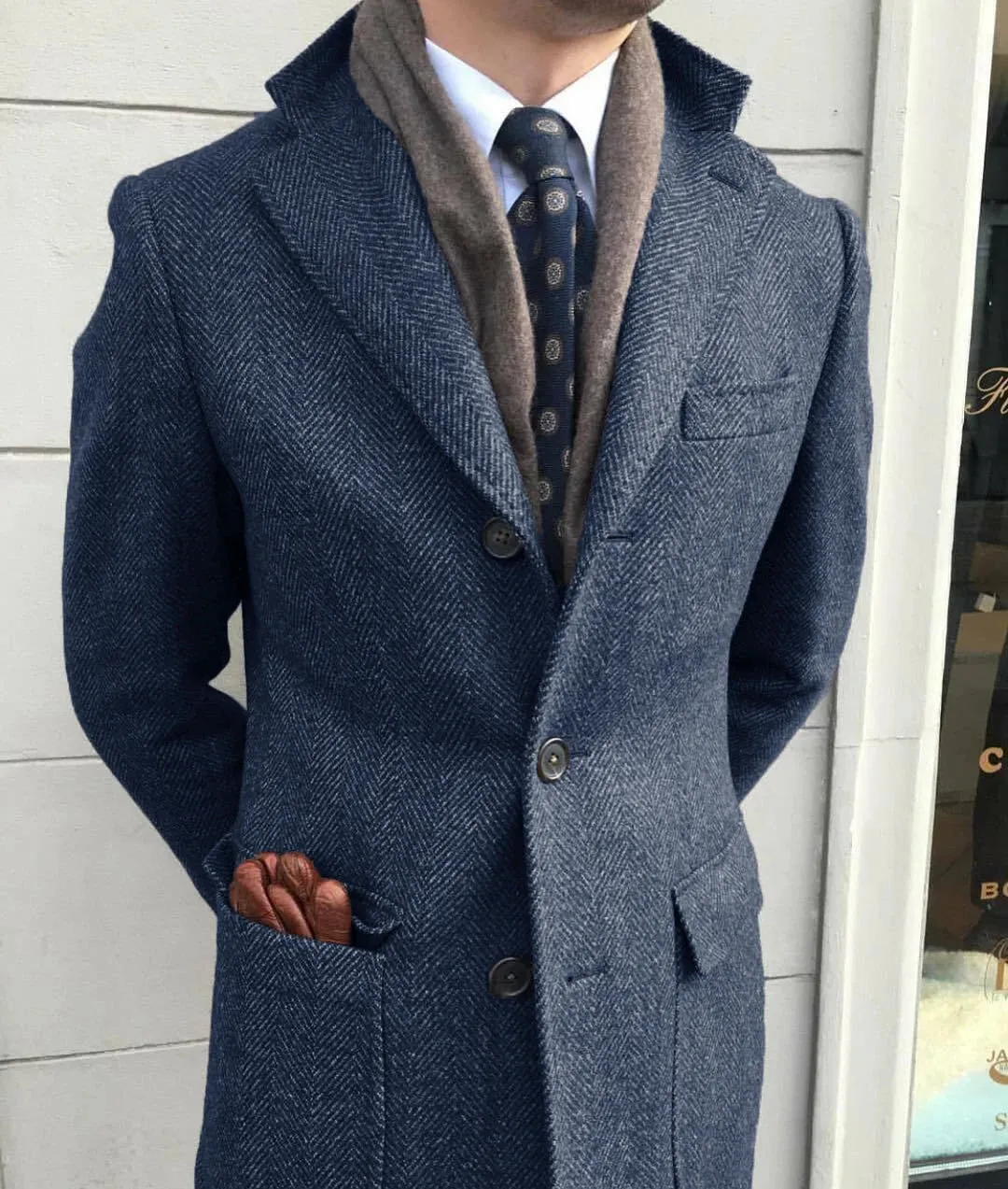 Classic Herringbone Tweed Wool Coat