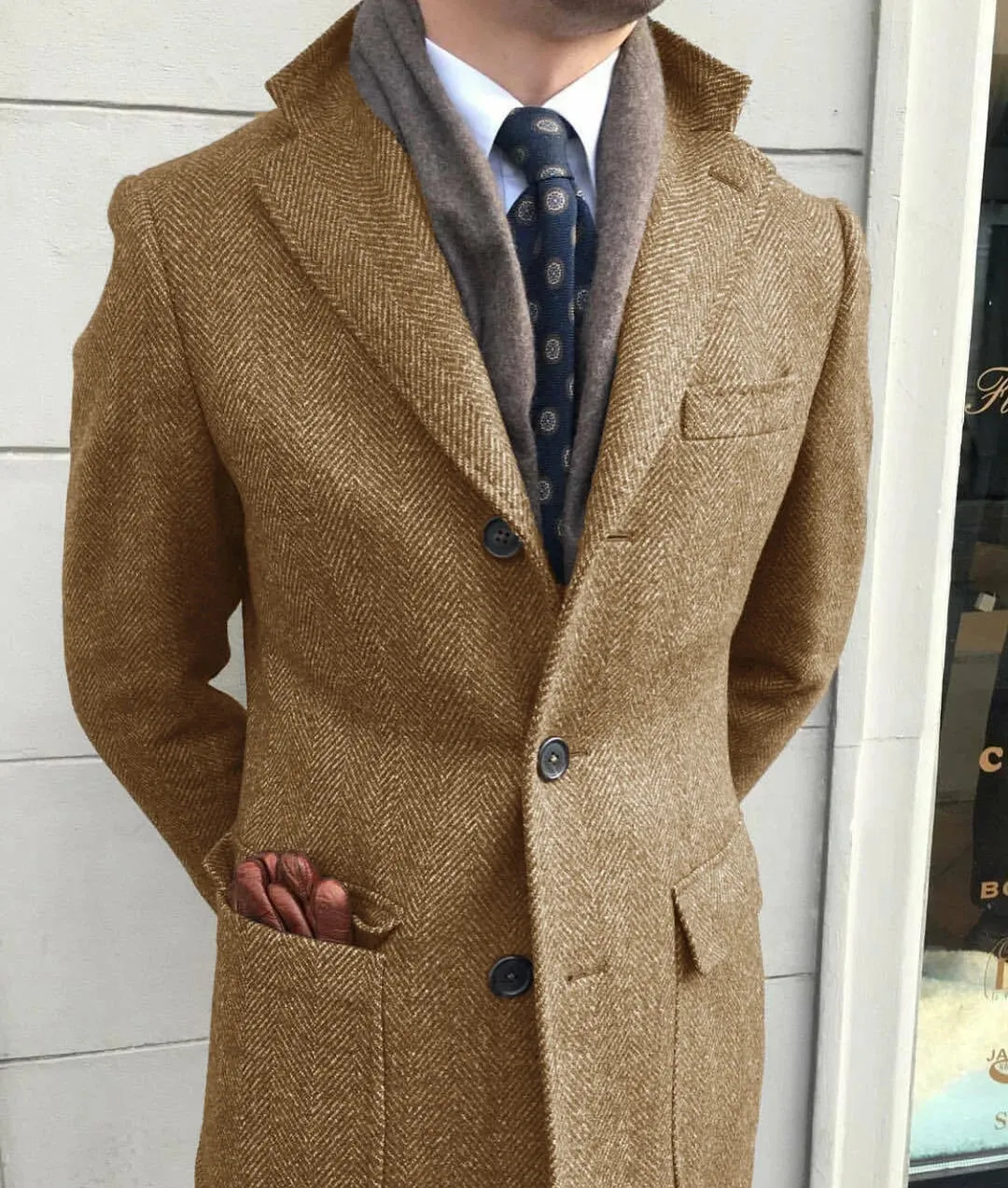 Classic Herringbone Tweed Wool Coat