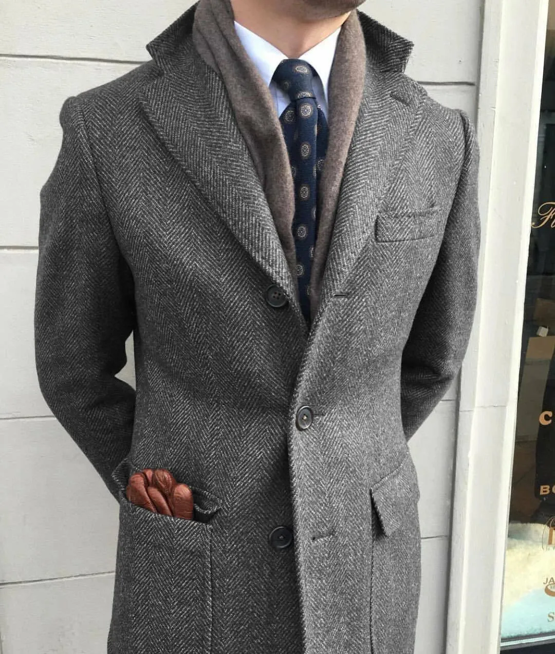 Classic Herringbone Tweed Wool Coat