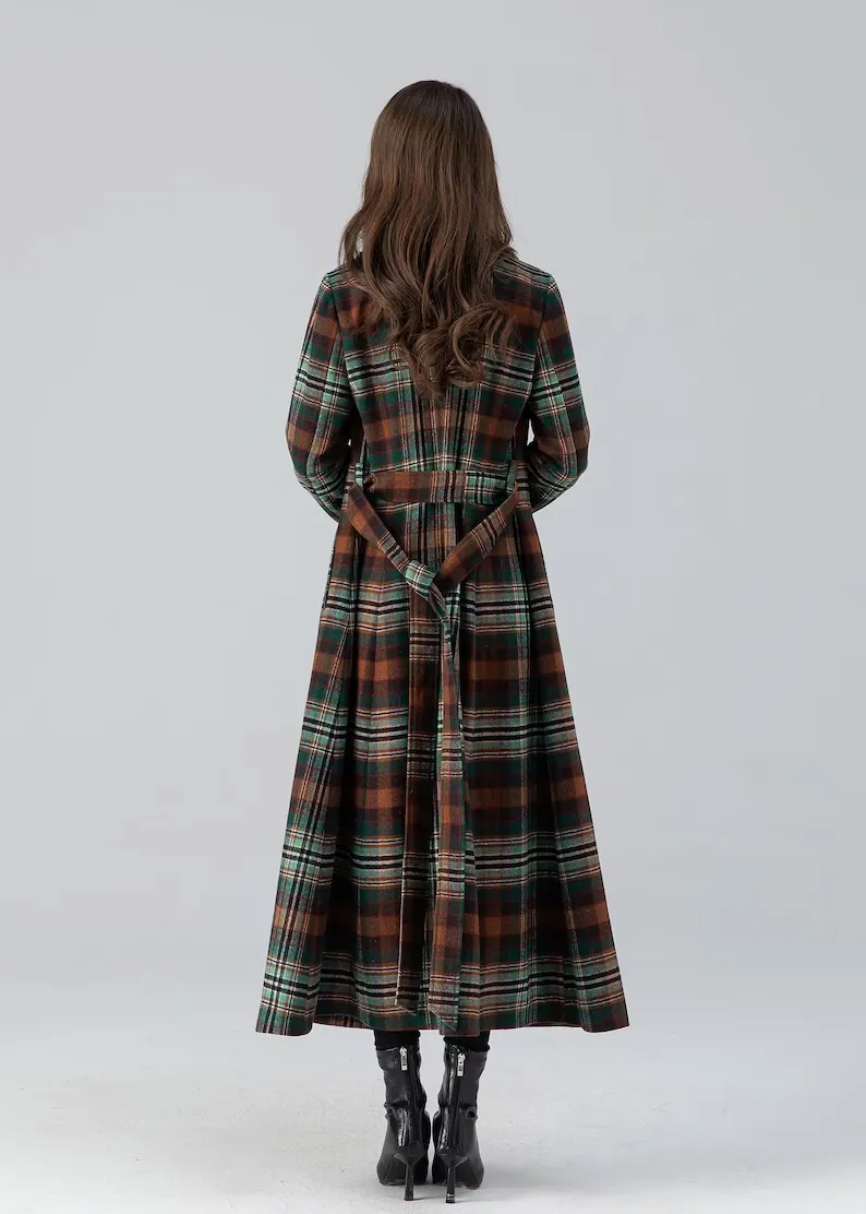 Double breasted winter plaid long wool coat women 4785