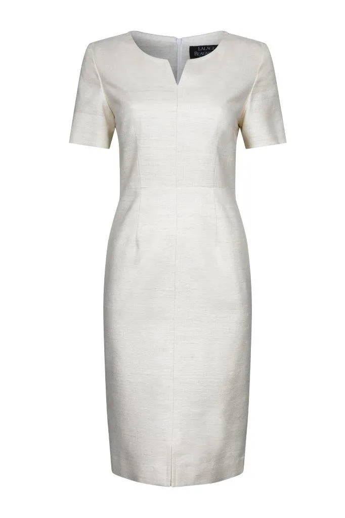 Dress in Latte Coloured Natural Silk with Neckline Detail - Eve