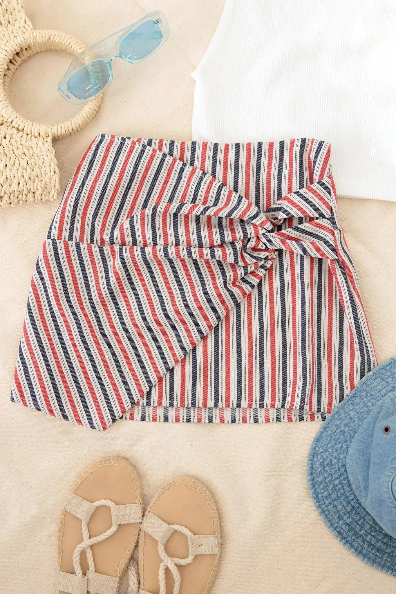 Girls Striped Vintage Wrap Side Twisted Tie Skort