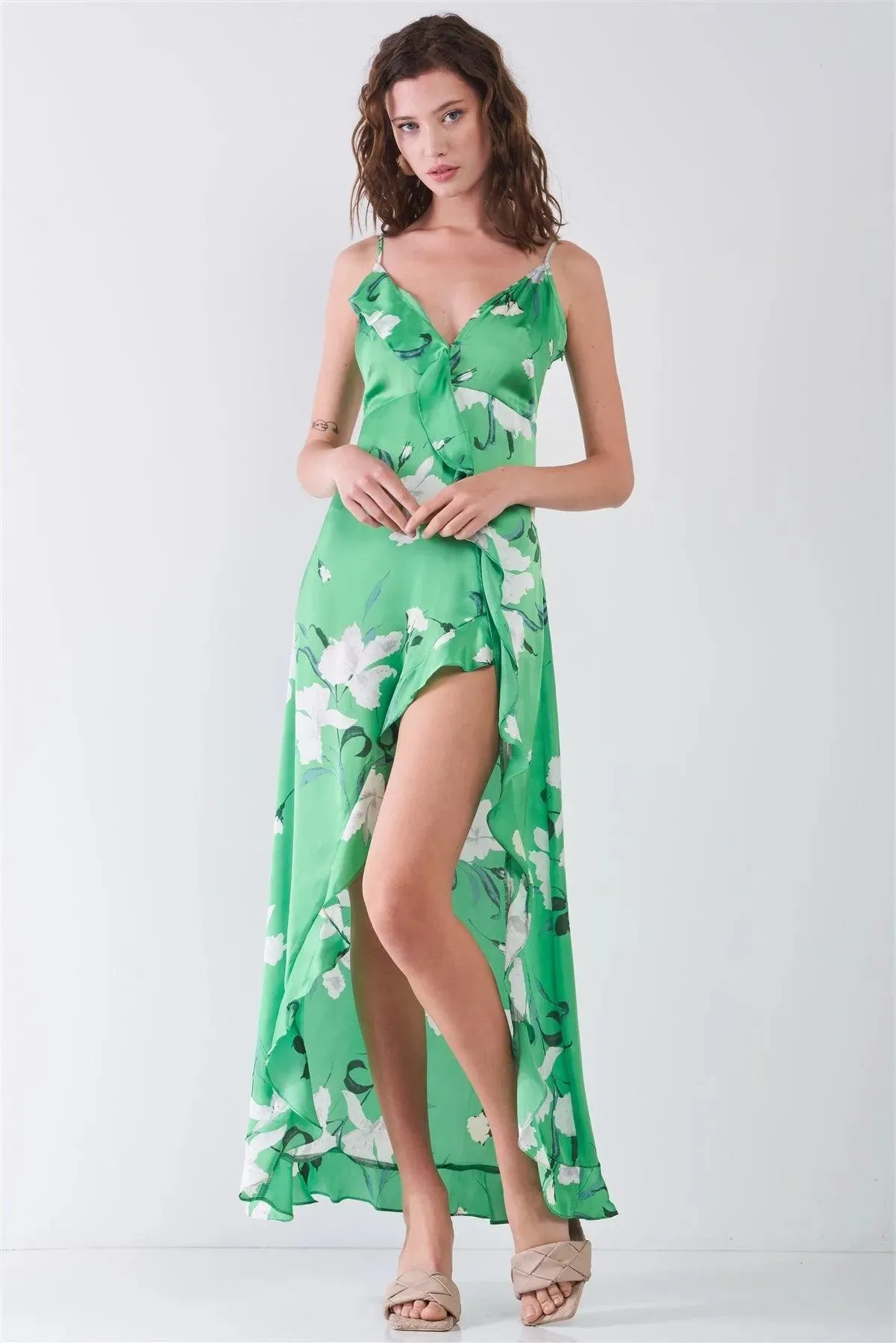 Green Satin Floral Print Sleeveless V-Neck Self-Tie Back Ruffle Trim Side Slit Detail Maxi Dress /3-2-1