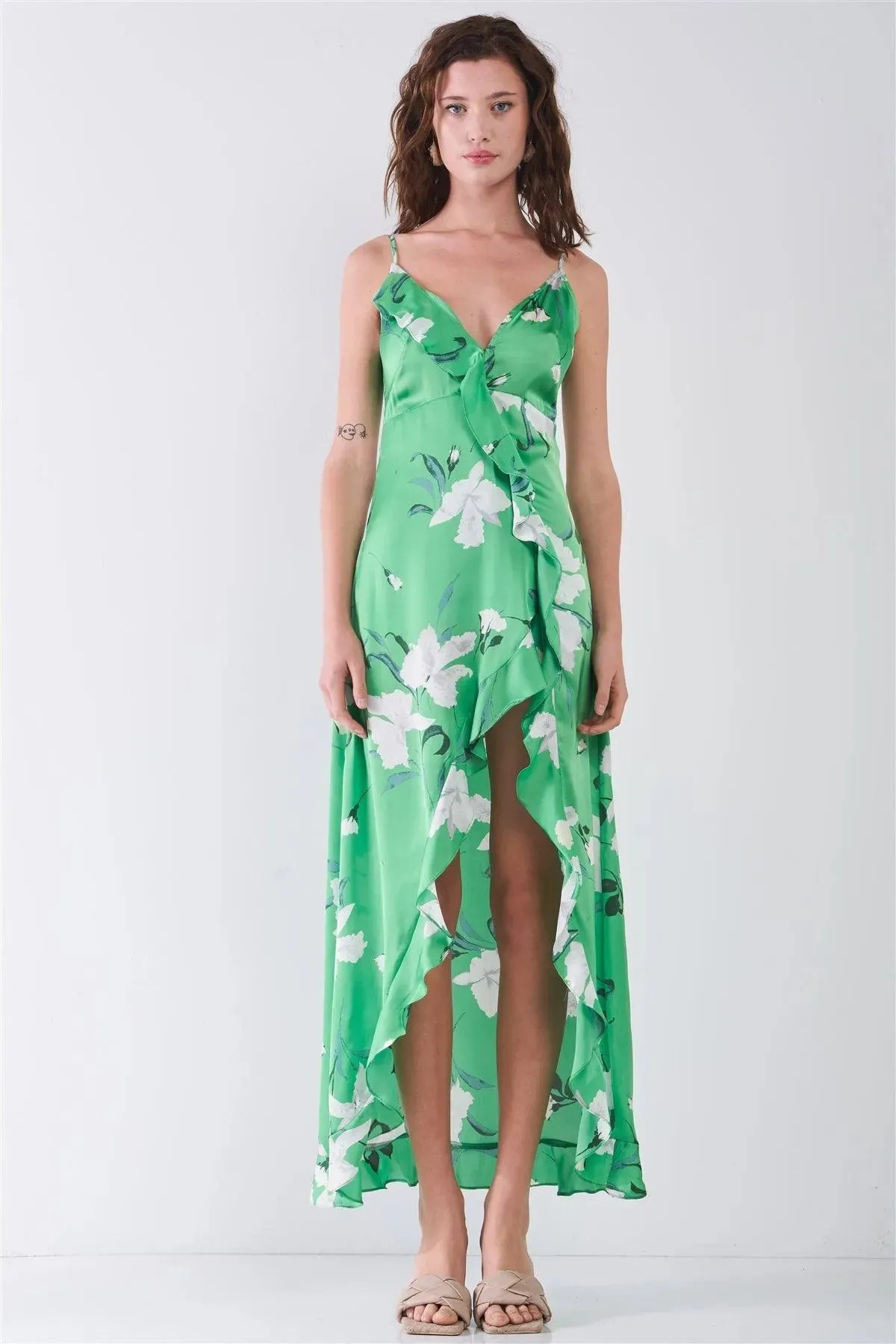 Green Satin Floral Print Sleeveless V-Neck Self-Tie Back Ruffle Trim Side Slit Detail Maxi Dress /3-2-1