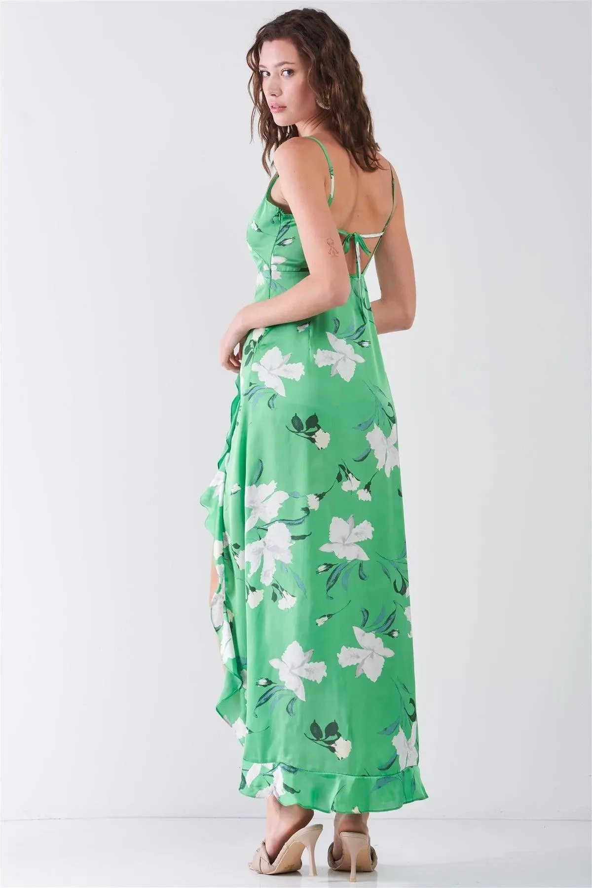 Green Satin Floral Print Sleeveless V-Neck Self-Tie Back Ruffle Trim Side Slit Detail Maxi Dress /3-2-1