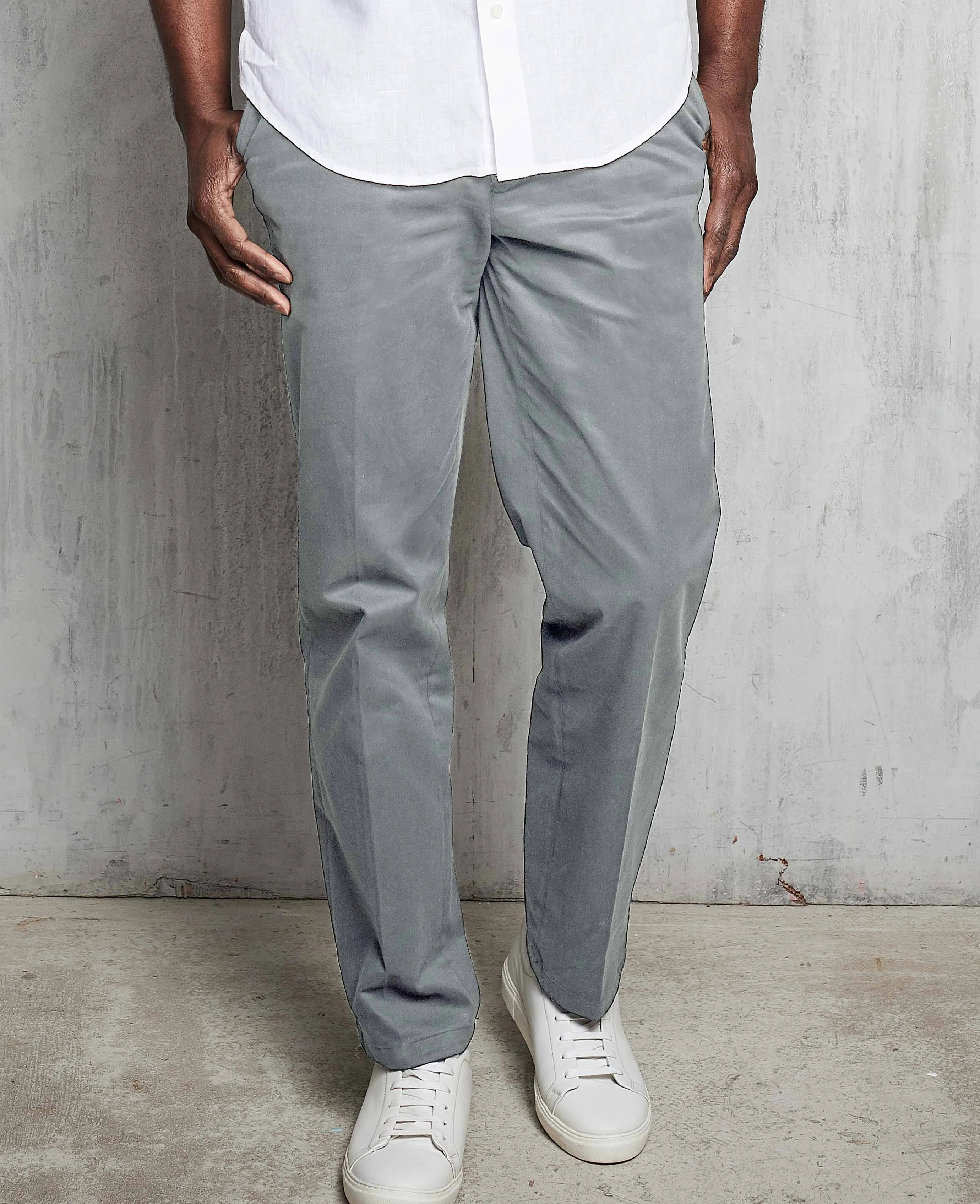 Grey Stretch Cotton Classic Fit Flat Front Chinos