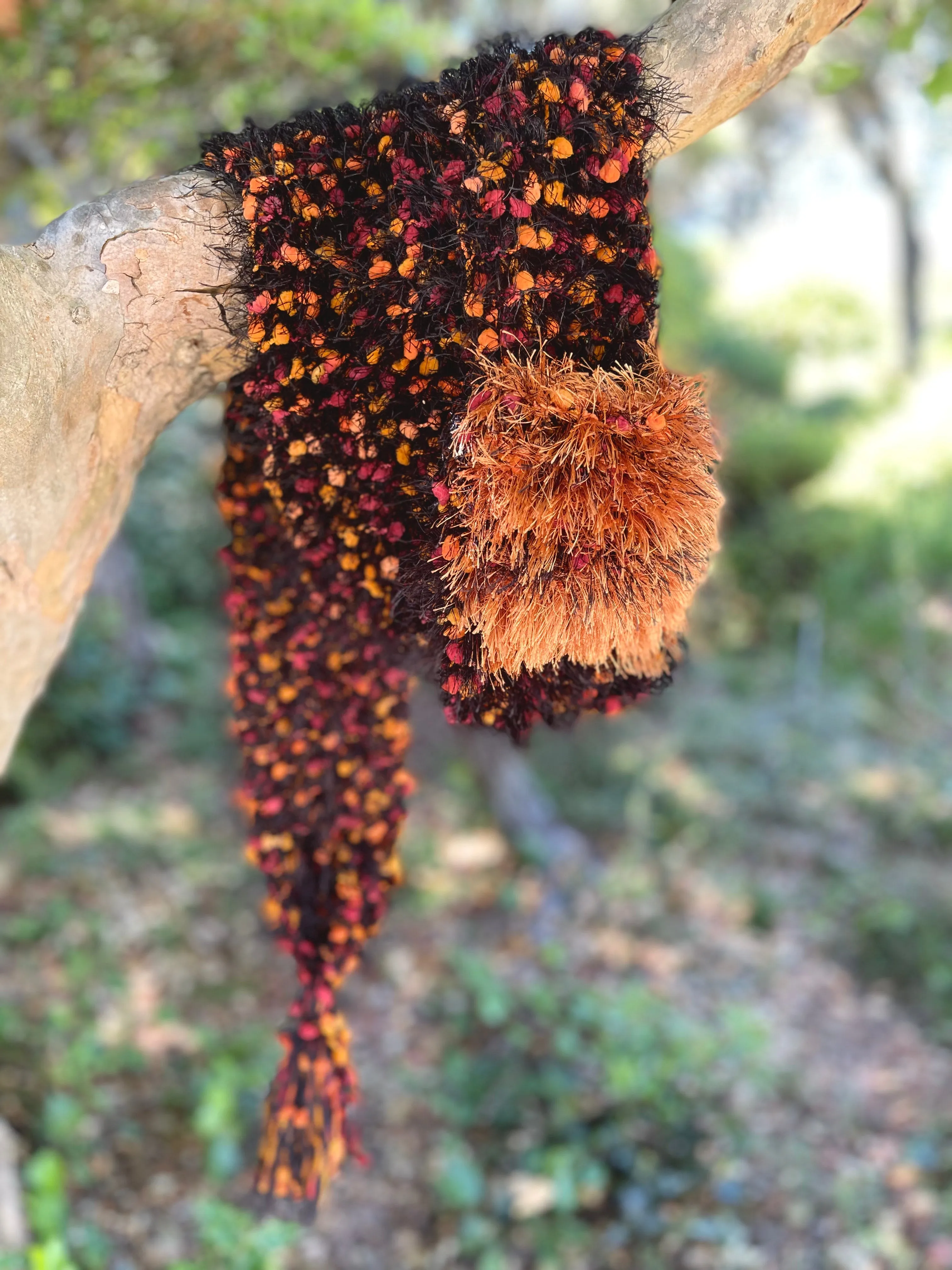 Hand Knitted Scarf for Women with Pocket. Orange, Black Eyelash Fur Yarns