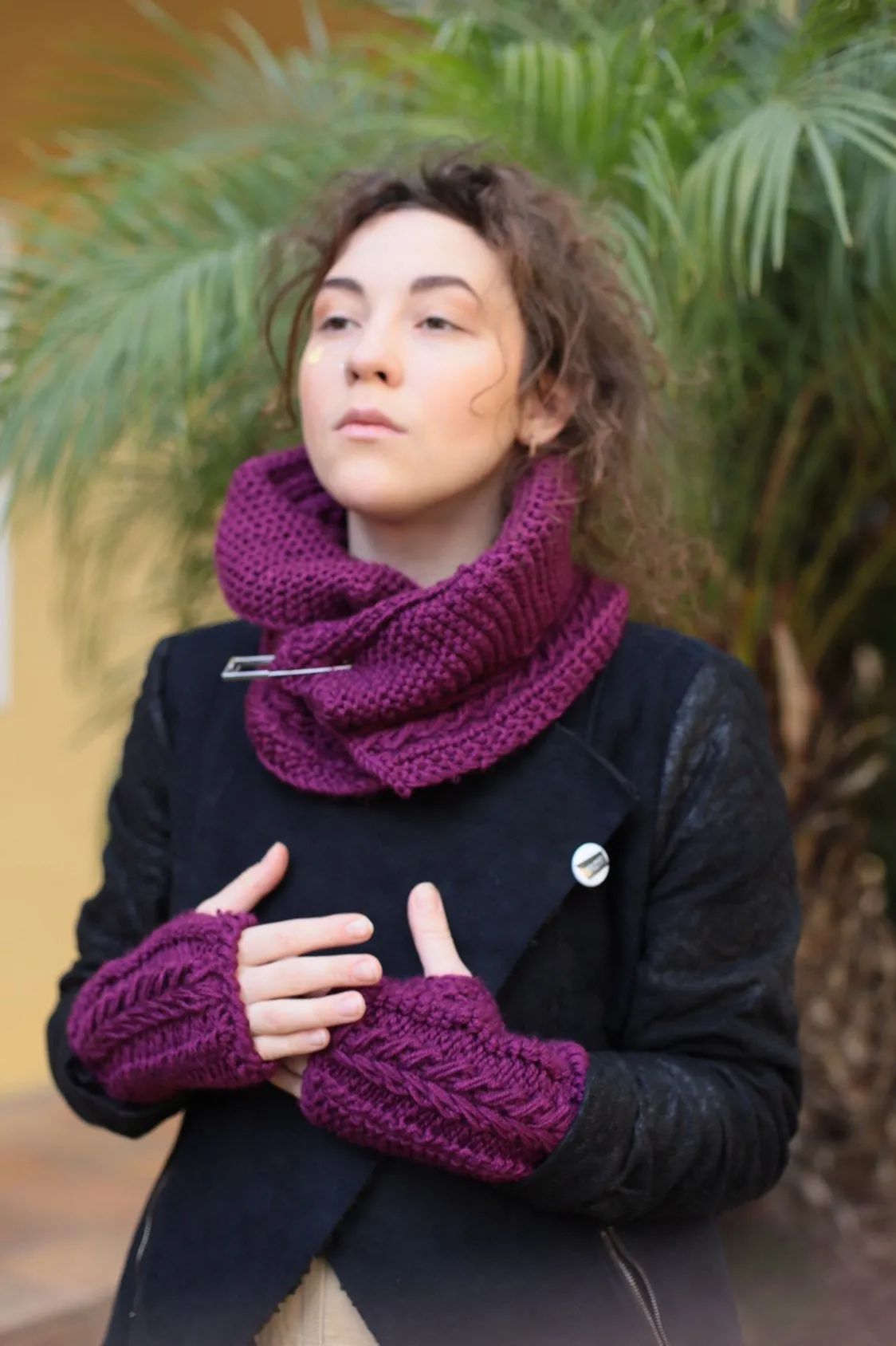 Handmade Knit Scarf and Mittens Set in Purple Color