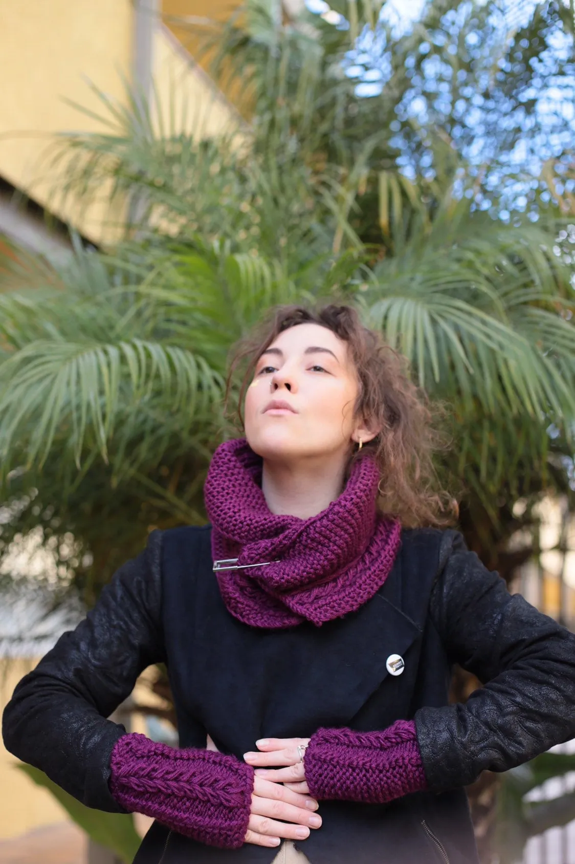 Handmade Knit Scarf and Mittens Set in Purple Color