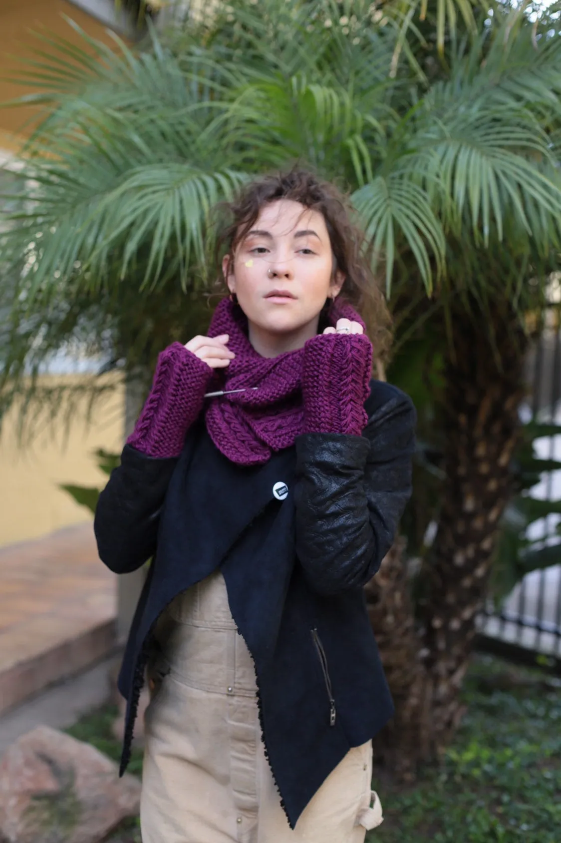 Handmade Knit Scarf and Mittens Set in Purple Color