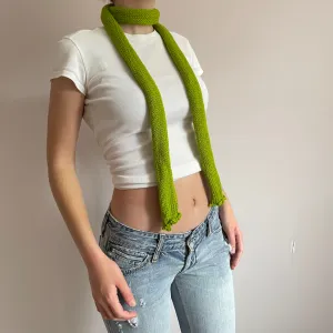 Handmade knitted skinny scarf in olive green