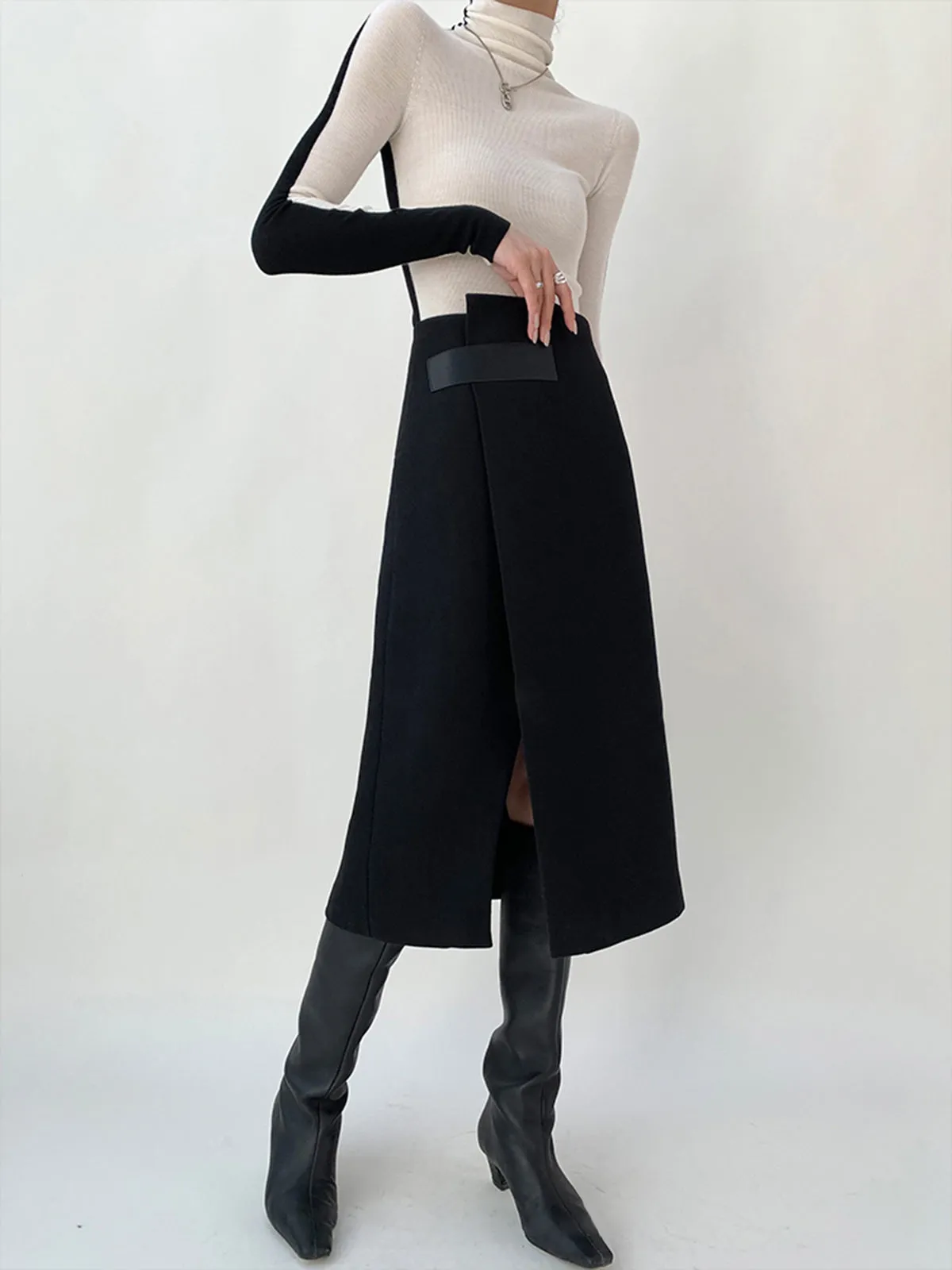 High Waist Tweed Trendy Asymmetric Wrap Midi Skirt