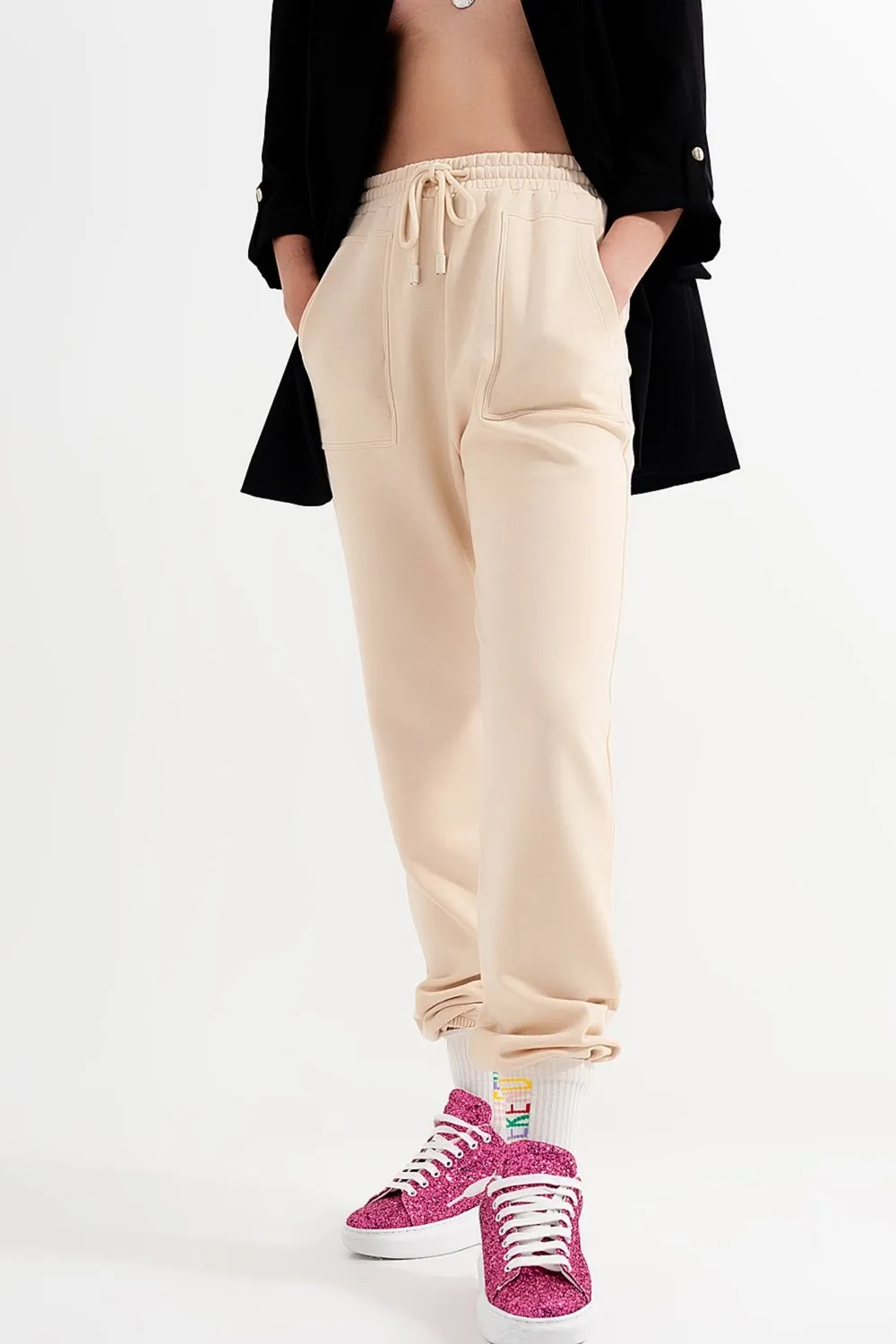 Joggers With Elastic Waist Band in Beige