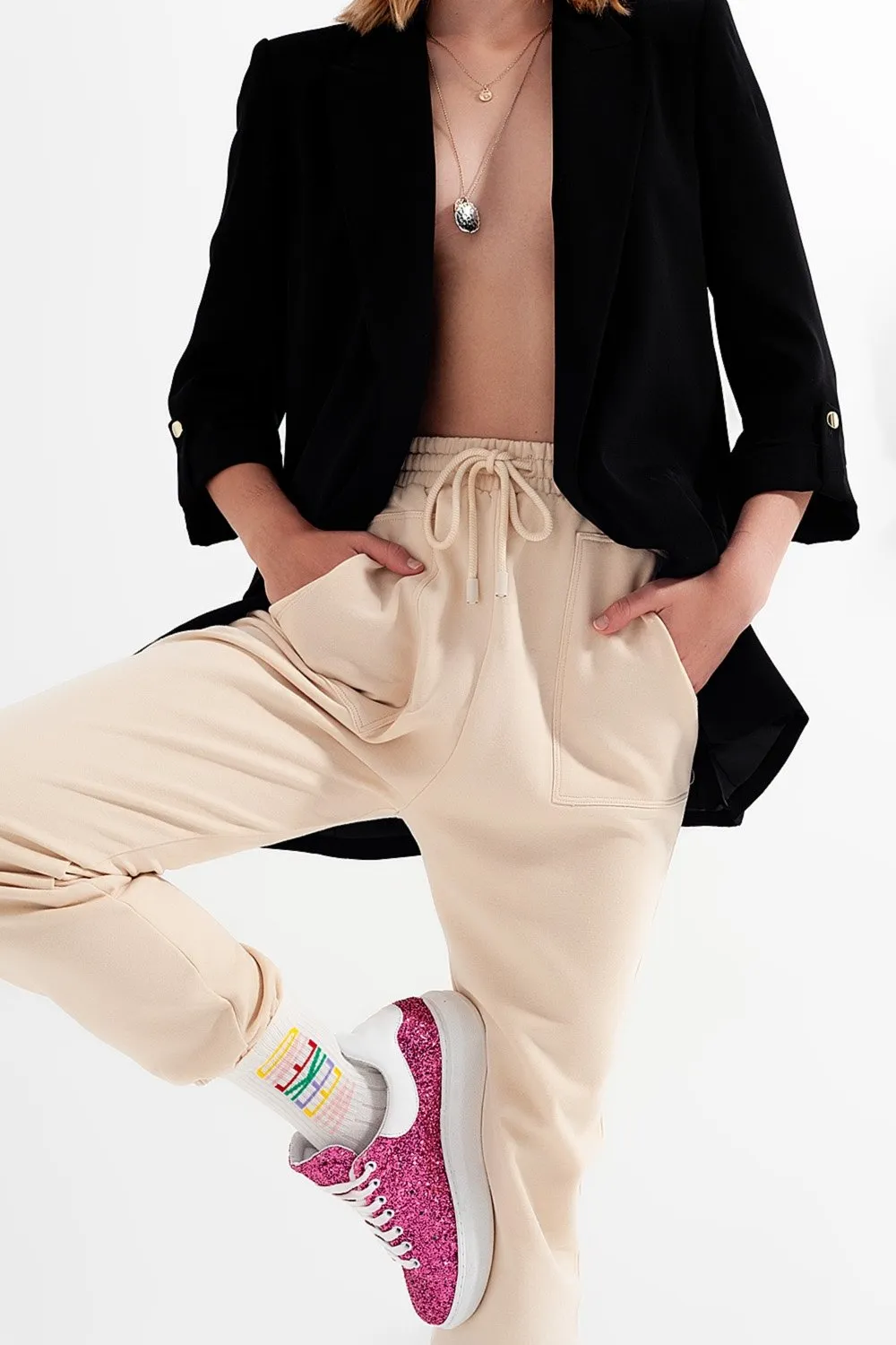 Joggers With Elastic Waist Band in Beige