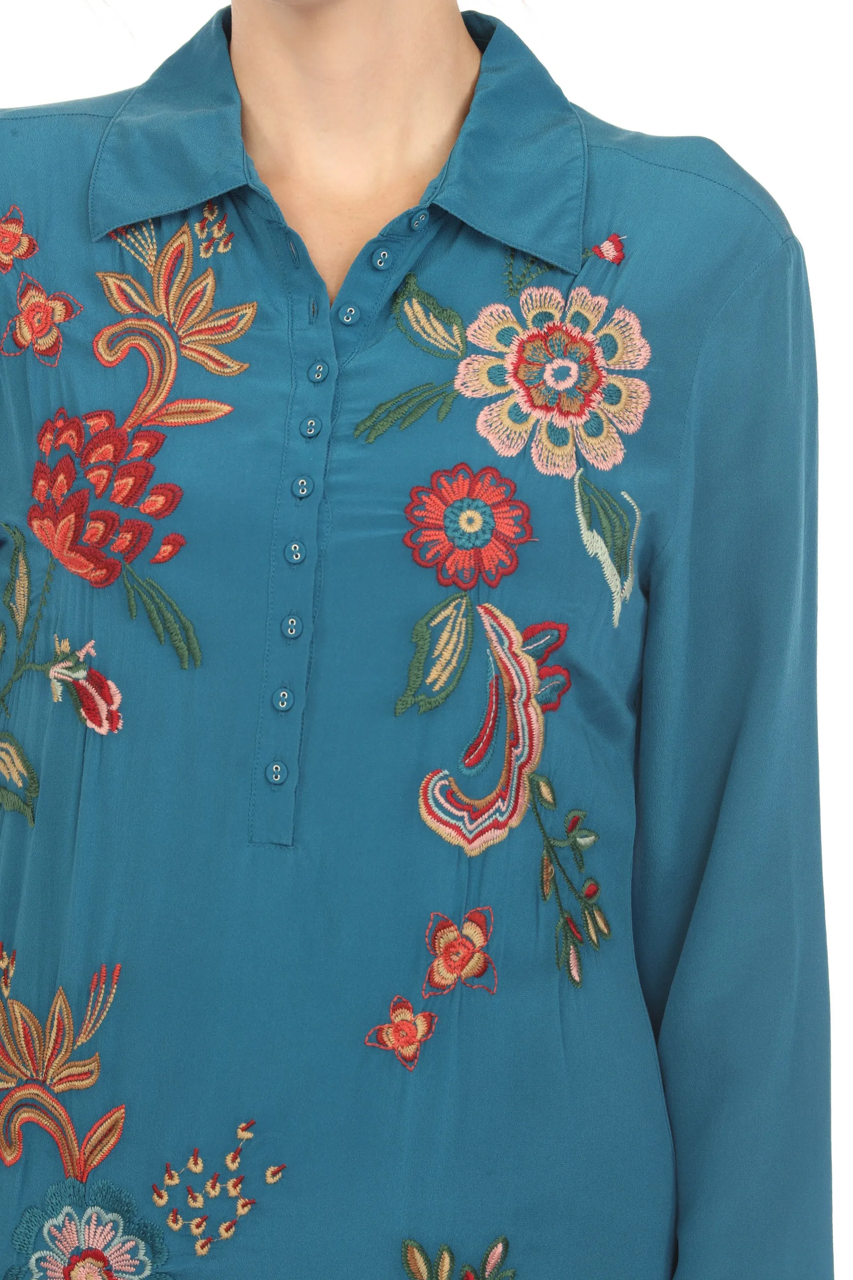 Johnny Was Workshop Embroidered Silk Midi Shirt Dress W39424 Boho Chic *