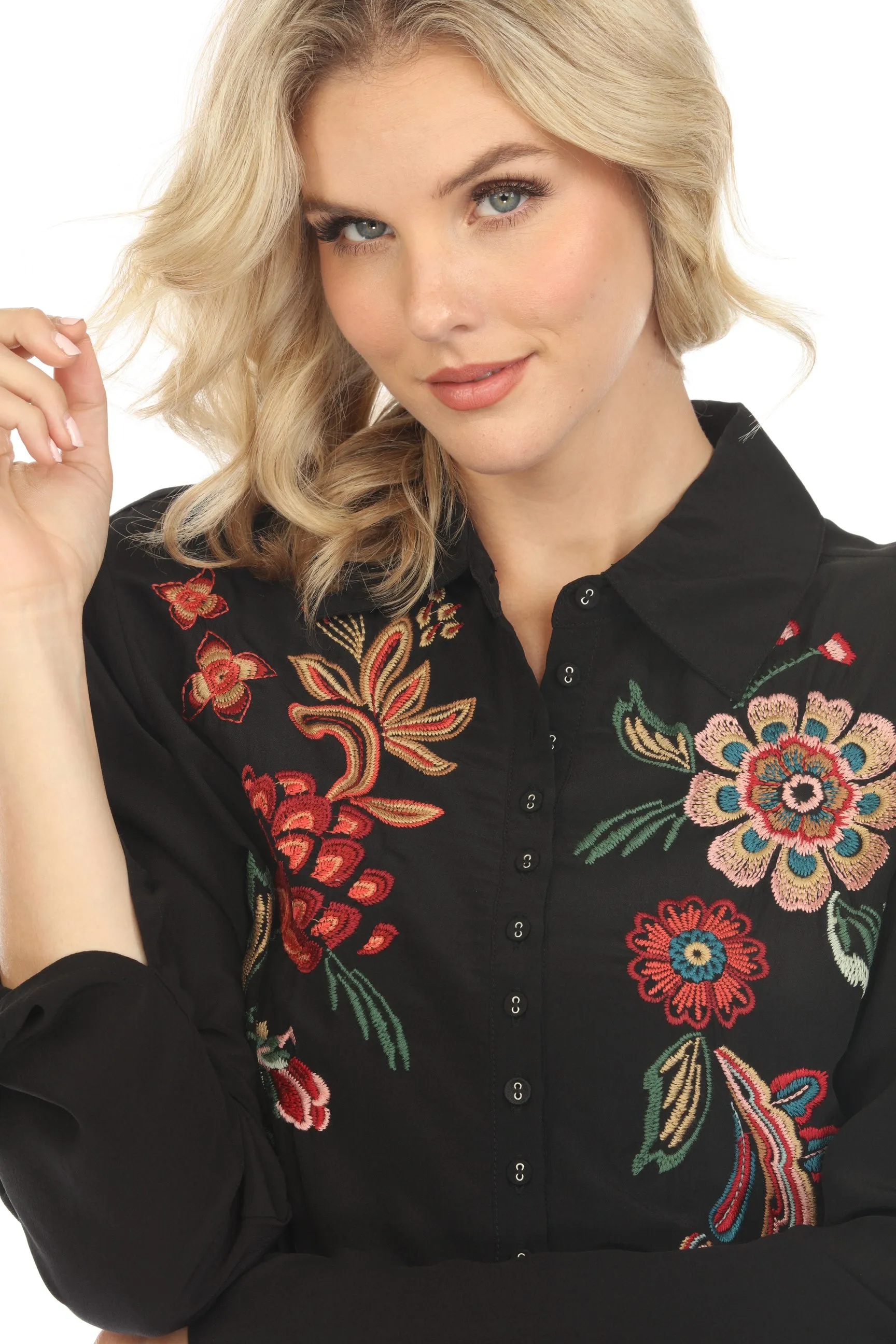 Johnny Was Workshop Embroidered Silk Midi Shirt Dress W39424 Boho Chic *